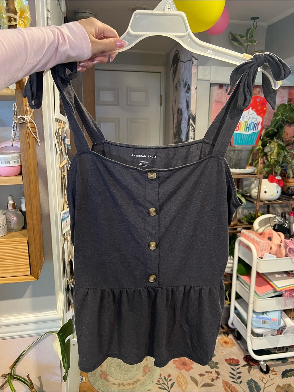 American Eagle Gray Soft Knit Button Front Babydoll Tank Top Peplum Casual XXL